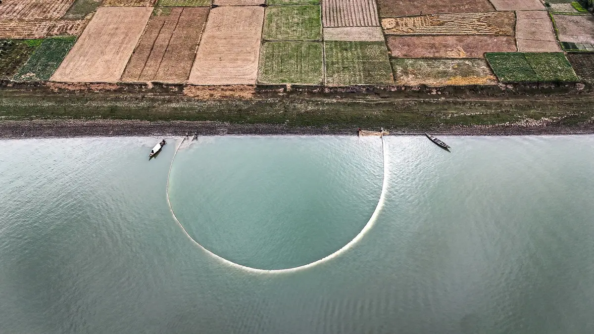 Representación de técnicas antiguas de pesca y cultivo de algodón en la economía Caral.