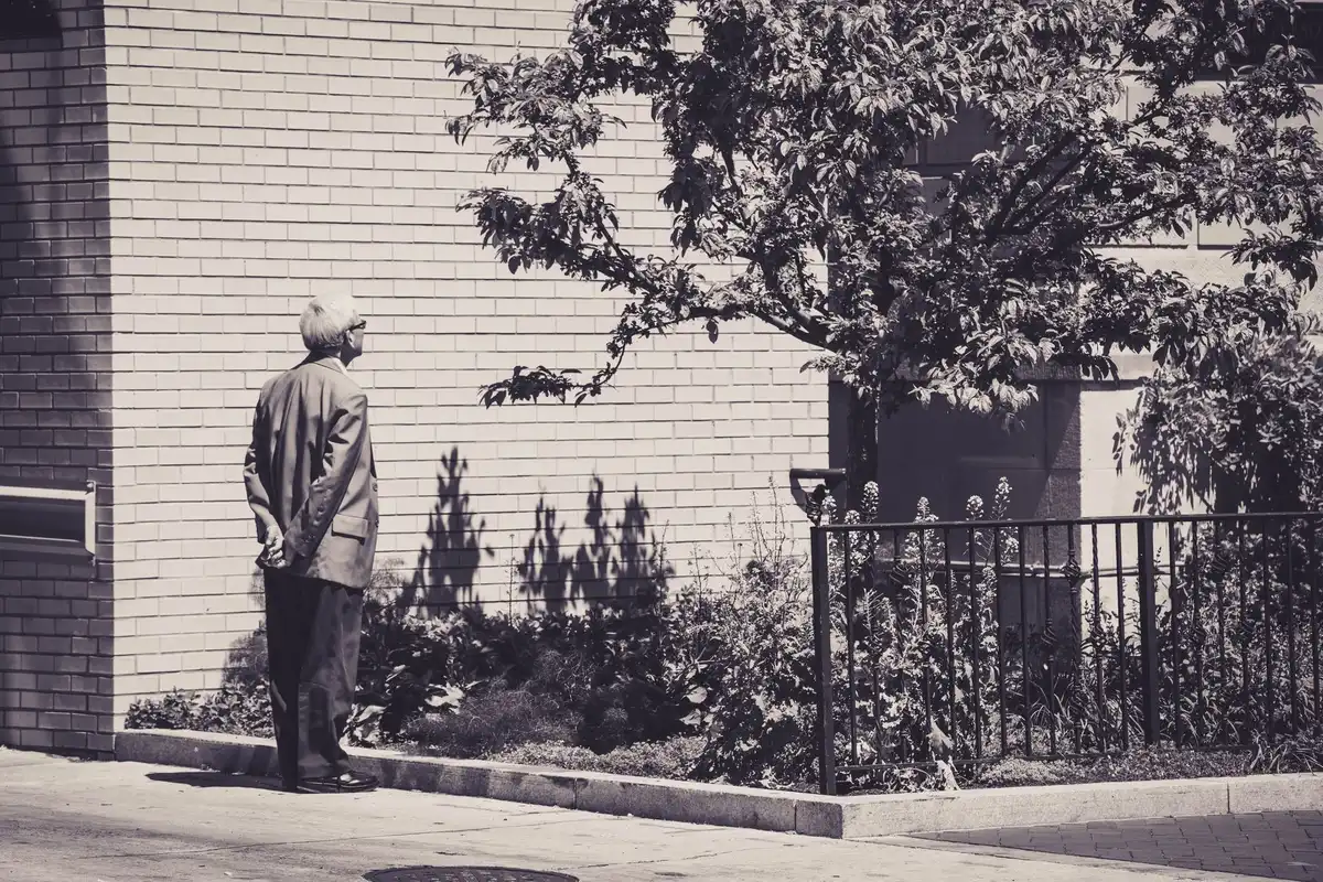 Un hombre mayor reflexionando en un jardín tranquilo, rodeado de naturaleza y luz natural.
