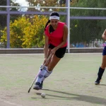 Jugadoras de hockey celebrando un gol en la cancha con los bastones en alto