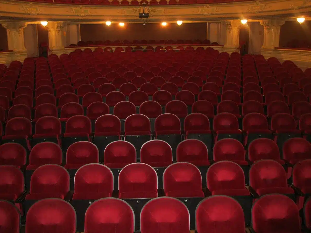 Espectáculo teatral con iluminación colorida, performers en escena y público de espaldas observando