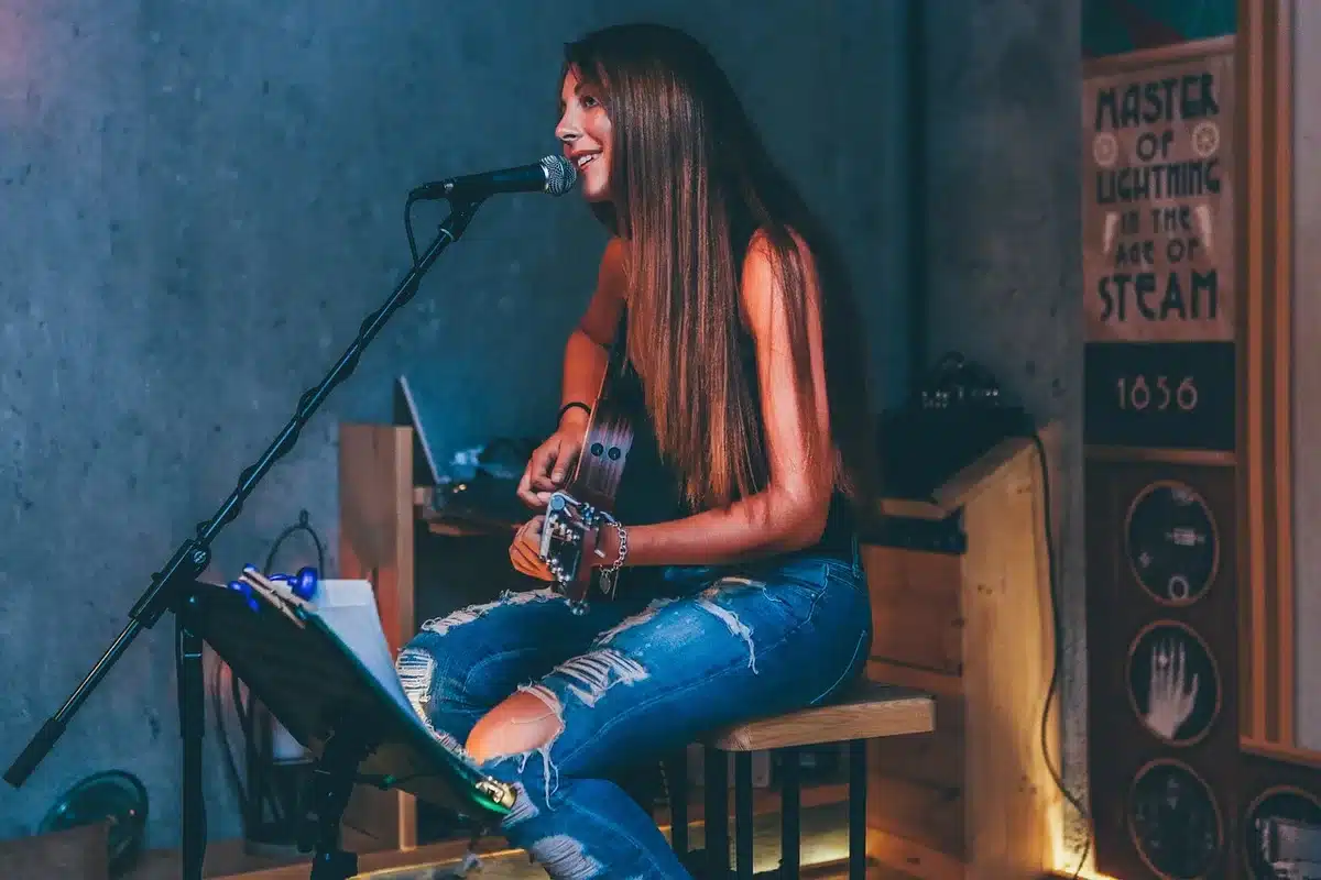 Dos guitarristas en escena durante un dúo acústico